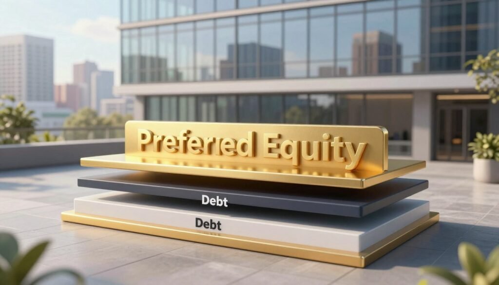 A conceptual image illustrating preferred equity in a commercial real estate (CRE) capital stack. In the foreground, a detailed 3D visual of a layered capital stack, prominently featuring “Preferred Equity” in a vibrant gold, positioned above other financing layers like debt and common equity, symbolizing its importance as a bridge. The middle ground shows a modern office building, reflecting a sense of growth and opportunity, with large windows capturing the city skyline in the background. Soft, natural lighting casts gentle shadows, emphasizing the structural details. The mood is optimistic and forward-looking. The image should incorporate the brand name “Thorne CRE” subtly within the design. The scene should be captured from a slightly elevated angle to provide depth and clarity. A conceptual image illustrating preferred equity in a commercial real estate (CRE) capital stack. In the foreground, a detailed 3D visual of a layered capital stack, prominently featuring “Preferred Equity” in a vibrant gold, positioned above other financing layers like debt and common equity, symbolizing its importance as a bridge. The middle ground shows a modern office building, reflecting a sense of growth and opportunity, with large windows capturing the city skyline in the background. Soft, natural lighting casts gentle shadows, emphasizing the structural details. The mood is optimistic and forward-looking. The image should incorporate the brand name “Thorne CRE” subtly within the design. The scene should be captured from a slightly elevated angle to provide depth and clarity.