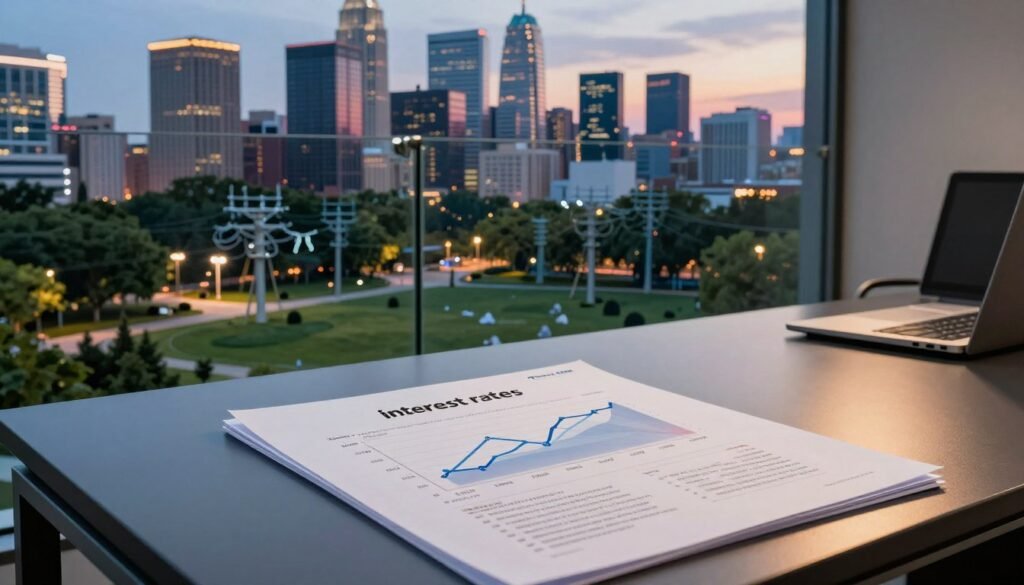 A conceptual representation of "interest rates" in the context of finance, focusing on the impact of private utilities on park infrastructure. In the foreground, a sleek, modern office desk, with financial documents and charts displaying fluctuating interest rates and loan-to-value ratios. In the middle ground, a clear glass wall reveals a skyline with private utilities and lush park landscapes. The background features a vibrant cityscape at twilight, with luminous buildings reflecting the financial growth. Soft, ambient lighting casts warm shadows, creating a professional and contemplative atmosphere. The camera angle is slightly tilted downward, enhancing the depth of the scene. Include the brand name "Thorne CRE" subtly in one corner of the desk, ensuring no distractions from the main focus.