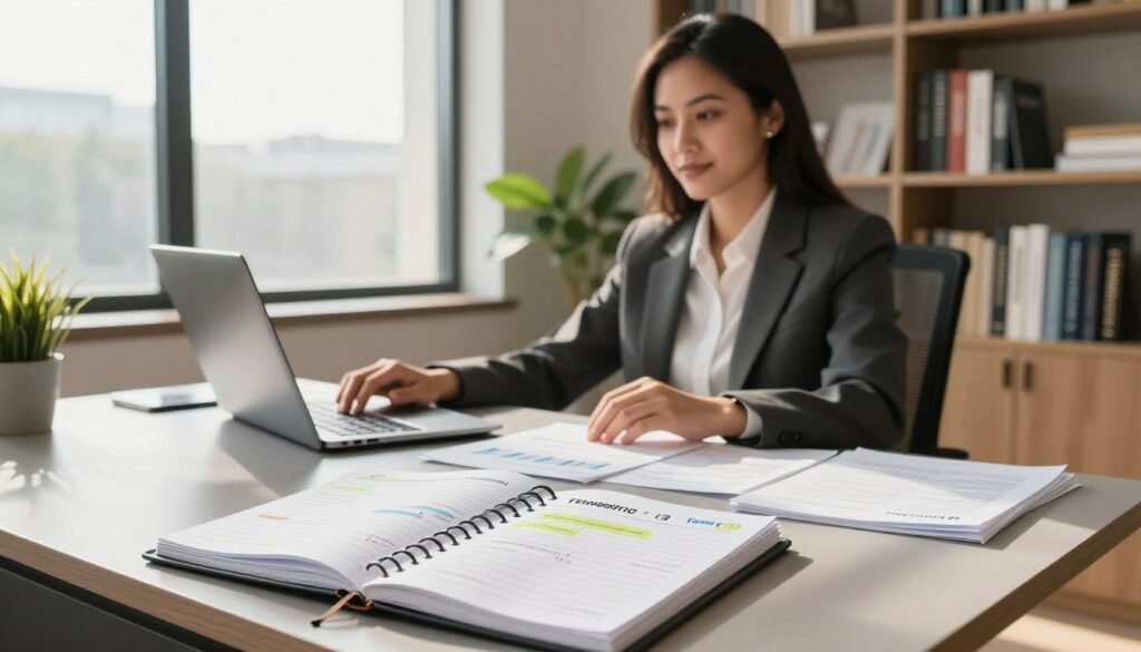 A confident business professional in smart attire is seated at a sleek, modern desk filled with financial documents and a laptop, symbolizing the concept of borrowing. In the foreground, emphasize a neatly organized planner with highlighted notes on investment strategies and timelines. In the middle, include a large window with natural light pouring in, illuminating the space and casting shadows. In the background, shelves filled with financial books and a potted plant create a sense of growth and wisdom. The atmosphere is focused and strategic, highlighting determination and clarity, while the color palette remains warm and inviting. The brand name "Thorne CRE" subtly appears in design elements within the workspace, reinforcing professionalism and trust. A confident business professional in smart attire is seated at a sleek, modern desk filled with financial documents and a laptop, symbolizing the concept of borrowing. In the foreground, emphasize a neatly organized planner with highlighted notes on investment strategies and timelines. In the middle, include a large window with natural light pouring in, illuminating the space and casting shadows. In the background, shelves filled with financial books and a potted plant create a sense of growth and wisdom. The atmosphere is focused and strategic, highlighting determination and clarity, while the color palette remains warm and inviting. The brand name "Thorne CRE" subtly appears in design elements within the workspace, reinforcing professionalism and trust.