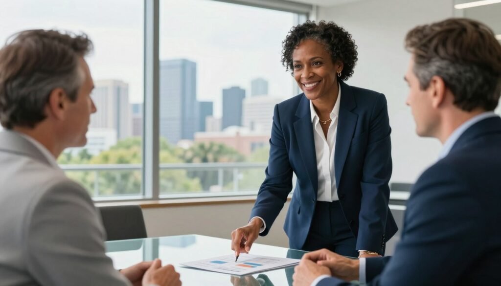 A confident relationship manager in a sharp navy blue suit stands in a modern office setting, engaging with a client over a sleek glass table. In the foreground, the relationship manager, a middle-aged Black woman with short hair, displays a warm smile while pointing at a financial report. The client, a middle-aged Caucasian man in business casual attire, listens attentively. In the middle background, large windows showcase a view of South Carolina’s skyline, with greenery reflecting a sunny day. Soft natural light fills the room, creating a professional yet inviting atmosphere. The lens is slightly angled to provide depth, emphasizing a collaborative spirit in commercial real estate financing.