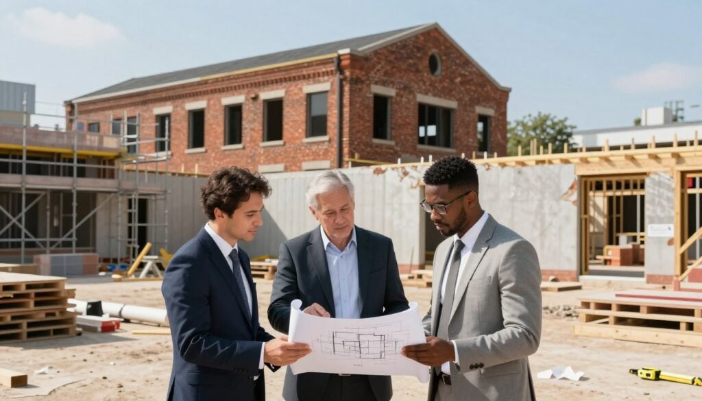 A construction management scene focused on converting an existing building into a self-storage facility. In the foreground, a diverse team of three professionals in business attire discusses plans over architectural blueprints, with a clipboard and measuring tape visible. The middle ground shows a construction site with scaffolding, partially demolished walls, and storage unit frames in progress. In the background, a historic brick building is being transformed, highlighting the blend of old and new architecture. The lighting is bright and natural, reminiscent of a sunny day, enhancing the atmosphere of productivity and teamwork. A clear sky fills the background, suggesting optimism and progress. Incorporate the logo of Thorne CRE subtly in the scene without overwhelming it.