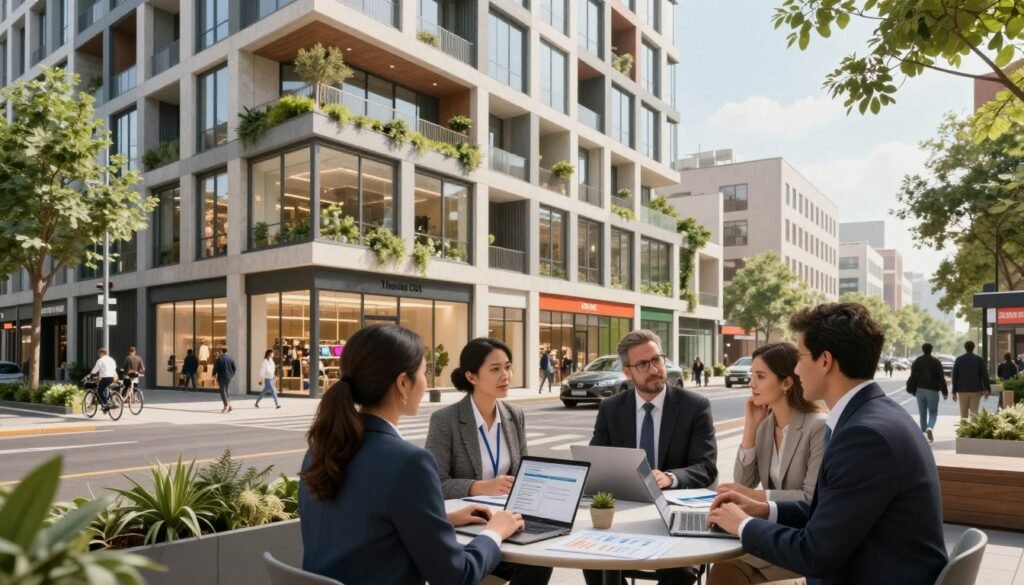 A contemporary mixed-use building stands prominently in the foreground, showcasing a blend of residential apartments above vibrant retail shops. The facade features large windows and greenery, creating an inviting atmosphere. In the middle ground, a diverse group of professionals, dressed in smart business attire, are engaged in a discussion over financing options, with laptops and documents spread across a sleek table. The background reveals a bustling urban street scene with pedestrians, bicycles, and greenery, reflecting a modern city vibe. Soft, natural lighting filters through the scene, accentuating the synergy between business and community. The overall mood is one of collaboration and opportunity, symbolizing the financial potential of upgrading older mixed-use buildings. Include brand logo "Thorne CRE" subtly integrated into the corner of the image.