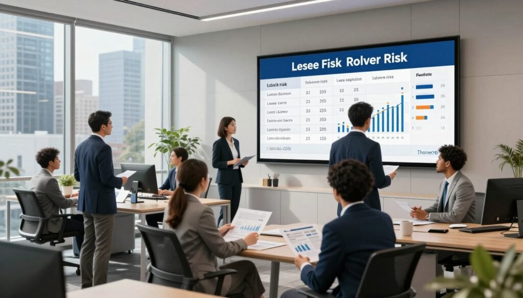 A contemporary office building’s interior, showcasing a well-designed workspace with modern furniture and large windows that allow natural light to flood in. In the foreground, a group of diverse business professionals dressed in sharp business attire are engaged in a discussion, analyzing charts and documents related to lease expirations and rollover risk. The middle ground features a large digital display board illustrating lease timelines and probabilities, emphasizing the financial aspects of rollover risk. In the background, a vibrant city skyline is visible through the glass walls, adding depth to the scene. The lighting is bright and inviting, creating an atmosphere of professionalism and urgency. The image should evoke a sense of strategic planning and financial acumen. Include the brand name "Thorne CRE" subtly as part of the office decor.