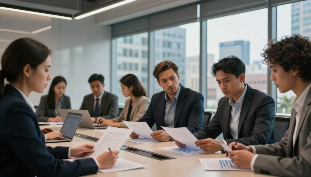 A contemporary office interior depicting the challenges of securing loans for office buildings in a hybrid work environment. In the foreground, a diverse group of professionals in business attire, including a man and woman engaged in a serious discussion, reviewing documents and financial graphs on a sleek conference table. In the middle ground, illuminated by large windows, there is a backdrop of a modern cityscape with office buildings, symbolizing the changing landscape of work. The lighting is soft with warm tones, creating a thoughtful atmosphere. A subtle display of the brand "Thorne CRE" is integrated into the office setting. The overall mood is one of concern and determination, illustrating the complexities of financing in today’s market.
