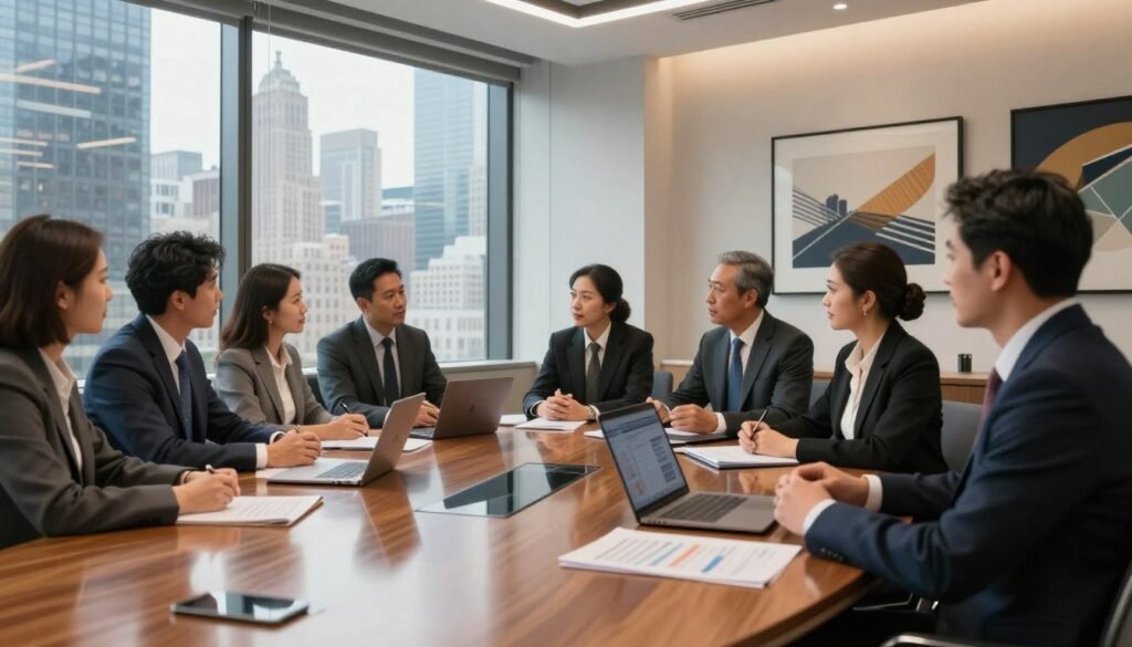 A contemporary office space in New York, showcasing an elegant conference room filled with professionals wearing smart business attire engaged in a discussion about commercial real estate financing solutions. The foreground features a large, sleek wooden table with financial documents and a laptop, reflecting a collaborative atmosphere. In the middle ground, glass panels display a panoramic view of iconic New York City skyscrapers, emphasizing the bustling real estate market. The background includes modern wall art and ambient lighting that creates a warm, inviting environment. Natural light floods in from large windows, highlighting the dynamic energy of the room. The mood is focused and strategic, embodying the essence of professional financing solutions in commercial real estate.