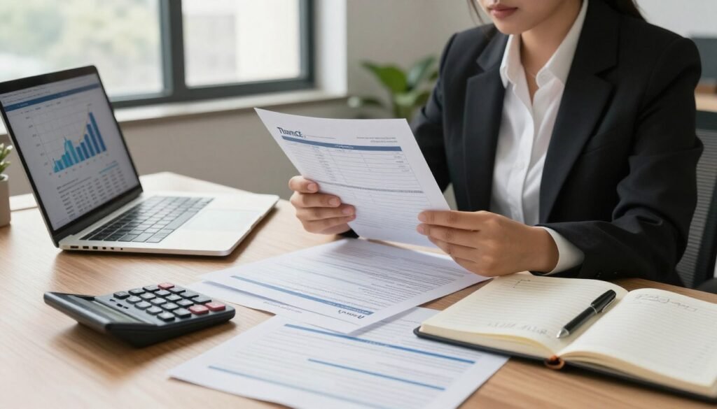 A desk cluttered with various loan documents, prominently displaying rate comparisons and fine print sections. In the foreground, a laptop screen shows graphs and charts illustrating interest rates, while a calculator rests beside a notebook filled with handwritten notes. In the middle ground, a professional business person in smart attire examines these documents, their expression focused and contemplative. The background features a modern office space with large windows letting in soft, natural lighting that casts a warm glow over the scene. The atmosphere is one of careful analysis and decision-making, conveying the importance of choosing the right loan for a business strategy. Include the brand name "Thorne CRE" subtly reflected on the laptop screen.