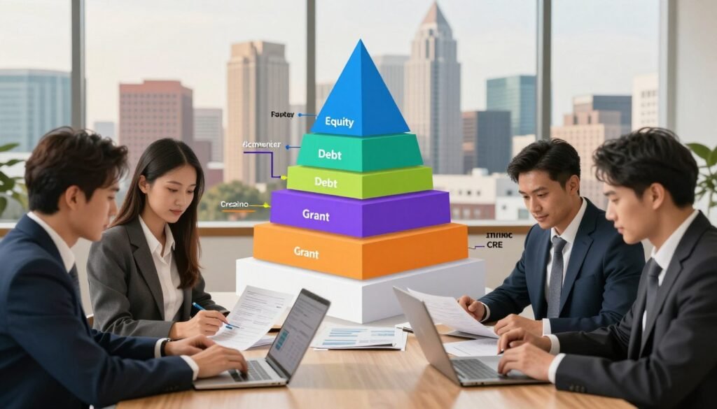A detailed and engaging visual representation of a bankable capital stack in the context of high-growth commercial real estate (CRE) markets. In the foreground, display a professional business team in smart attire, analyzing financial documents and digital devices, symbolizing collaboration. The middle ground features an abstract, layered capital stack diagram illustrating different financing sources like equity, debt, and grants, vividly colored to showcase the complexity and interdependence of each layer. The background includes a sleek skyline of Tennessee with modern architecture, reflecting growth and opportunity. Soft, focused lighting illuminates the scene, creating a warm and inviting atmosphere, while a slight depth of field emphasizes the team's concentration and the capital stack's significance. The brand name "Thorne CRE" subtly incorporated into the design without any text overlays.
