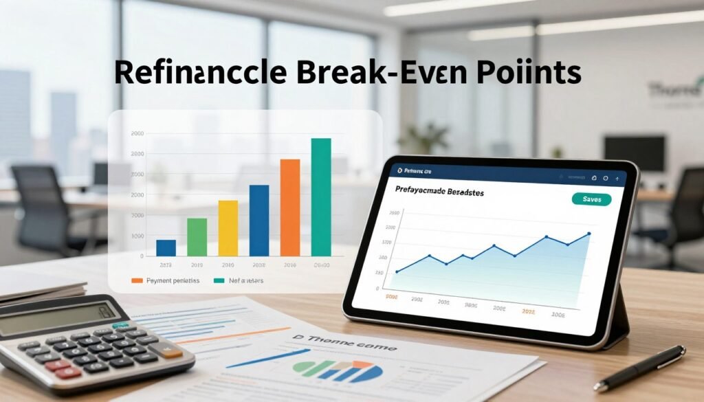 A detailed and informative break-even analysis diagram to illustrate the refinancing break-even point calculation, featuring a blend of colorful graphs and tables set against a clean, modern office background. In the foreground, a sleek, digital tablet displays a vibrant line graph highlighting costs versus savings in refinancing, while a calculator and a few financial documents scatter around. In the middle, an abstract bar chart shows prepayment penalties juxtaposed with market interest rates. The background reveals a bright, well-lit office space with a large window, offering a view of a city skyline. The atmosphere is professional and analytical, with warm lighting that conveys a sense of clarity and focus. Include the brand name "Thorne CRE" subtly in the design elements.