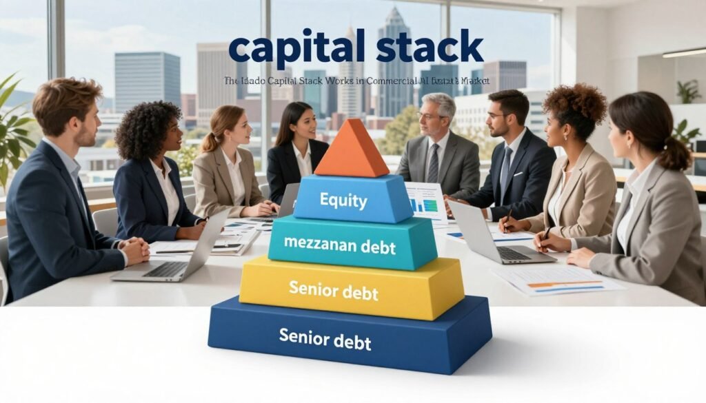 A detailed and informative illustration of a "capital stack" for commercial real estate, focusing on Idaho. In the foreground, a 3D representation of the capital stack is shown, featuring various layers labeled as equity, mezzanine debt, and senior debt, each in distinct colors for clarity. The middle ground includes a professional team of diverse individuals in business attire, discussing the structure, surrounded by charts and graphs that represent financial data. The background depicts a modern Idaho skyline, highlighting commercial buildings. The scene is illuminated with bright, natural lighting to create an optimistic atmosphere, shot with a wide-angle lens for a dynamic perspective. The image reflects professionalism and clarity, ideal for the topic "How the Idaho Capital Stack Works in Today’s Commercial Real Estate Market." Include the brand name "Thorne CRE" subtly in the design.