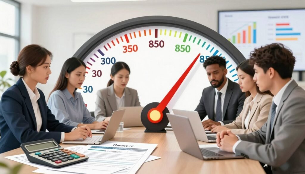 A detailed and informative illustration of a credit score concept, featuring a large, prominent credit score gauge displaying fluctuating numbers from 300 to 850 in vibrant colors. Foreground elements include a calculator and financial documents, symbolizing loan applications and underwriting processes. In the middle ground, a diverse group of professionals in business attire discuss the implications of varying credit scores, their expressions serious and focused. The background features a subtly blurred office environment with charts and graphs on screens, emphasizing a corporate atmosphere. Soft, natural lighting with a slight warm tone creates an encouraging yet serious mood. The brand "Thorne CRE" is subtly integrated into the scene without any text overlays.
