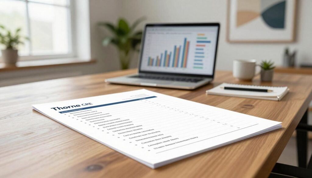A detailed and organized credit checklist displayed prominently on a wooden desk in a professional office setting. In the foreground, the checklist features clear bullet points detailing factors such as income stability, debt-to-income ratio, and credit history, neatly arranged. In the middle ground, a laptop with financial graphs is open, suggesting active analysis. In the background, soft, natural lighting filters through a large window, illuminating a potted plant and a framed, abstract art piece on the wall, which hints at a calm and focused atmosphere. The color palette is warm and inviting, emphasizing professionalism. The brand name "Thorne CRE" is subtly integrated into the design on the checklist to ensure brand recognition. A detailed and organized credit checklist displayed prominently on a wooden desk in a professional office setting. In the foreground, the checklist features clear bullet points detailing factors such as income stability, debt-to-income ratio, and credit history, neatly arranged. In the middle ground, a laptop with financial graphs is open, suggesting active analysis. In the background, soft, natural lighting filters through a large window, illuminating a potted plant and a framed, abstract art piece on the wall, which hints at a calm and focused atmosphere. The color palette is warm and inviting, emphasizing professionalism. The brand name "Thorne CRE" is subtly integrated into the design on the checklist to ensure brand recognition.