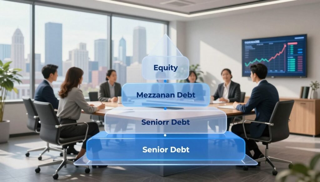 A detailed and organized illustration of a capital stack structure, depicted in a sleek, modern office environment to represent commercial real estate financing strategies in Illinois. In the foreground, a transparent, three-dimensional layered diagram shows various components of the capital stack, such as equity, mezzanine debt, and senior debt, each labeled clearly but without text. The middle backdrop features a well-lit conference room with professionals in business attire discussing financial plans, emphasizing collaboration and strategy. The background portrays a skyline of Chicago with iconic buildings, subtly integrating urban elements. Soft, natural lighting streams through large windows, creating a professional and optimistic atmosphere. Incorporate elements of technology, such as digital screens displaying market trends. The overall mood conveys expertise, stability, and strategic investment, branded with “Thorne CRE” subtly in the design.
