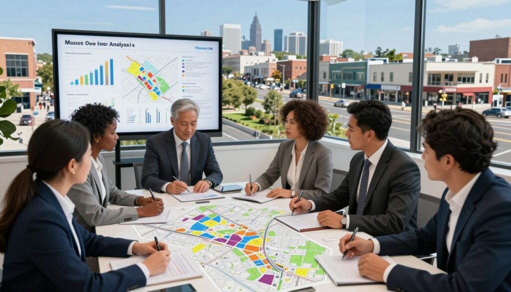 A detailed and vibrant scene depicting a mixed-use property market analysis. In the foreground, a diverse group of professionals in smart business attire, analyzing real estate maps and financial graphs laid out on a conference table. The middle ground features an informational presentation on a large screen, showcasing graphs, charts, and the surrounding cityscape. In the background, a panoramic view of a lively urban environment with mixed-use buildings, retail shops, and parks under a clear blue sky. Natural lighting filters in through large windows, creating an engaging and productive atmosphere. The lens captures a dynamic angle that emphasizes collaboration and focus. Incorporate the brand name "Thorne CRE" subtly in the image, enhancing professionalism and relevancy to the context without being obtrusive.