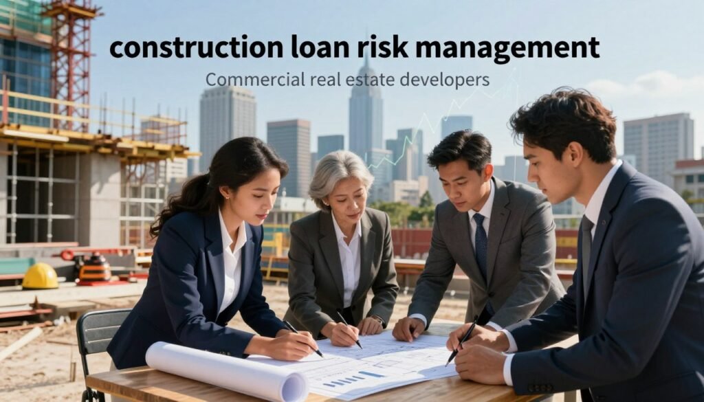 A detailed and vibrant scene illustrating "construction loan risk management" for new commercial real estate developers. In the foreground, a diverse group of three professional individuals in business attire, including a woman in a smart blazer and two men in suits, are engaged in a strategic discussion over blueprints and financial documents on a wooden table. The middle ground features construction site elements, like partially built structures, scaffolding, and safety equipment. The background showcases an urban skyline under a clear blue sky, infused with warm afternoon sunlight that creates soft shadows. A subtle financial graph overlay complements the scene, suggesting risk assessment. The mood is focused and collaborative, capturing the essence of careful planning in construction finance. The image should include the brand name "Thorne CRE" discreetly integrated into the environment.