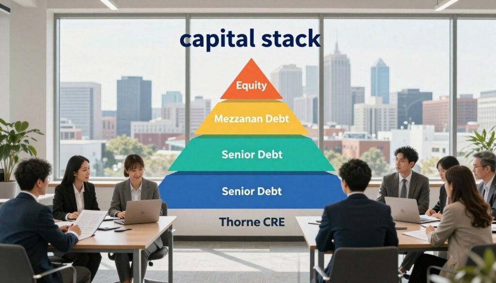 A detailed and visually engaging representation of a "capital stack" diagram, showcasing various layers of financing in a multifamily real estate context. In the foreground, a modern office space filled with professionals in business attire discussing a financial model. The middle ground features a stylized 3D capital stack diagram, clearly delineating different funding sources—equity, mezzanine debt, senior debt—using vibrant colors to differentiate each layer. In the background, a large window reveals a city skyline of Northern Virginia, suggesting the location's significance in real estate syndication. Soft, natural lighting pours in, enhancing the professionalism of the scene. The overall mood conveys collaboration and strategic planning, underscored by the brand name "Thorne CRE" elegantly integrated into the visual presentation. A detailed and visually engaging representation of a "capital stack" diagram, showcasing various layers of financing in a multifamily real estate context. In the foreground, a modern office space filled with professionals in business attire discussing a financial model. The middle ground features a stylized 3D capital stack diagram, clearly delineating different funding sources—equity, mezzanine debt, senior debt—using vibrant colors to differentiate each layer. In the background, a large window reveals a city skyline of Northern Virginia, suggesting the location's significance in real estate syndication. Soft, natural lighting pours in, enhancing the professionalism of the scene. The overall mood conveys collaboration and strategic planning, underscored by the brand name "Thorne CRE" elegantly integrated into the visual presentation.