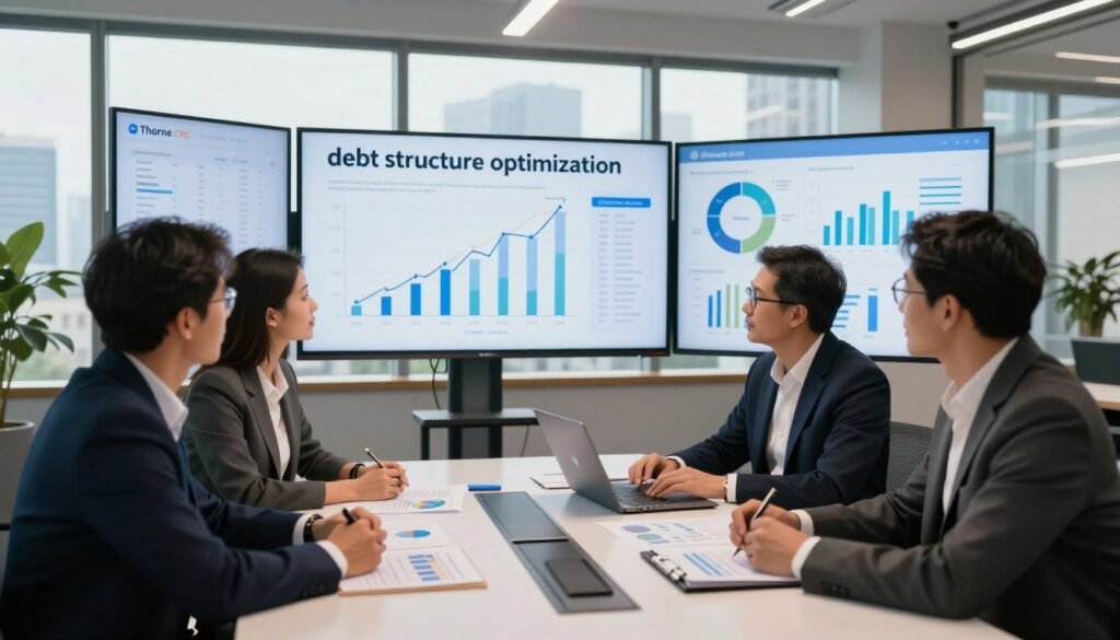 A detailed and visually striking image illustrating the concept of "debt structure optimization". In the foreground, a diverse group of four professionals in business attire are engaged in a focused discussion around a modern conference table scattered with financial documents and graphs. The middle ground features large digital screens displaying complex charts and diagrams representing cash flow management and debt optimization strategies. The background reveals a sleek office environment with large windows showcasing a city skyline, symbolizing growth and opportunity. Soft, natural lighting streams in, casting a warm glow that enhances the collaborative and optimistic mood. The branding "Thorne CRE" is subtly integrated into the office space. The angle is slightly elevated, providing a comprehensive view of the scene, emphasizing teamwork and professionalism.