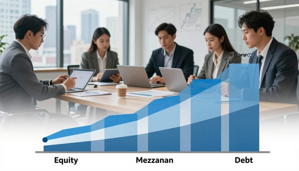 A detailed and visually striking representation of a "capital stack" in commercial real estate financing. In the foreground, layers of different financing elements are depicted as distinct segments of a stacked bar graph, each labeled with terms like "Equity," "Mezzanine," and "Debt." The middle ground features a sophisticated office environment with professionals in business attire analyzing data on tablets and laptops. In the background, a large window reveals a city skyline, symbolizing the real estate context. The lighting is soft yet focused, creating a professional atmosphere that conveys diligence and insight. The image includes a subtle overlay of financial charts and diagrams. The brand name "Thorne CRE" is seamlessly integrated into the design, enhancing the overall business theme.