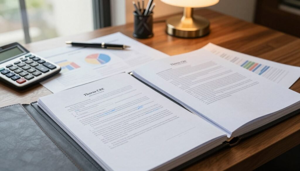 A detailed arrangement of legal documentation related to real estate transactions, prominently featuring contracts, agreements, and charts, all styled in a professional setting. In the foreground, a neatly organized stack of contracts with a leather binder labeled "Thorne CRE" partially open, revealing highlighted sections and annotations in blue ink. The middle ground shows a polished wooden desk scattered with a calculator, a pen set, and an elegant lamp casting soft yellow light on the documents. In the background, a blurred window allows natural light to filter in, illuminating the scene and creating a warm, business-like atmosphere. The angle is slightly overhead, providing a comprehensive view of the meticulous arrangement. The overall mood is focused and professional, reflecting the seriousness of legal matters in capital structuring.