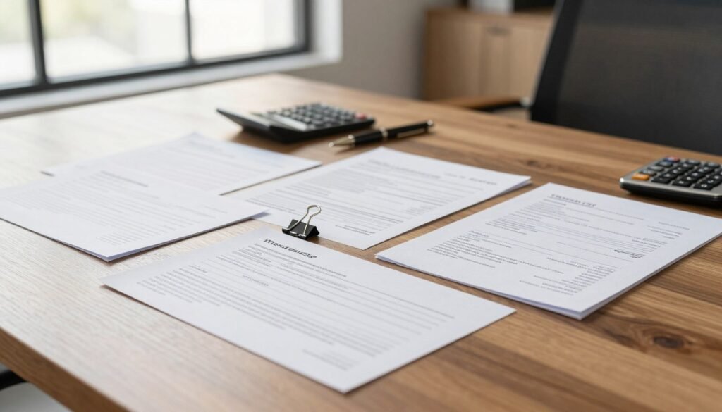 A detailed arrangement of mortgage documents displayed on a polished wooden desk, with a modern, minimalistic design. In the foreground, a clear view of various documents, including loan applications, credit reports, and income statements, neatly organized with binder clips. In the middle, a set of professional business attire elements, such as a stylish pen and a calculator, to indicate a working environment. The background features a softly blurred office setting with warm, natural light coming through a window, creating an inviting atmosphere. The mood is focused and industrious, reflecting the meticulous nature of underwriting. "Thorne CRE" subtly placed on a document in the scene, ensuring a professional context. A detailed arrangement of mortgage documents displayed on a polished wooden desk, with a modern, minimalistic design. In the foreground, a clear view of various documents, including loan applications, credit reports, and income statements, neatly organized with binder clips. In the middle, a set of professional business attire elements, such as a stylish pen and a calculator, to indicate a working environment. The background features a softly blurred office setting with warm, natural light coming through a window, creating an inviting atmosphere. The mood is focused and industrious, reflecting the meticulous nature of underwriting. "Thorne CRE" subtly placed on a document in the scene, ensuring a professional context.