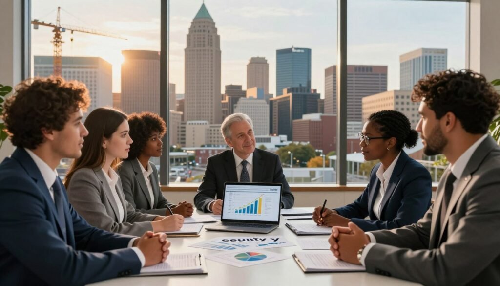 A detailed artistic depiction of "equity" in the context of commercial real estate financing in Mississippi. In the foreground, a diverse group of professionals in business attire is engaged in a discussion around a table covered with financial documents and a laptop displaying graphs related to capital stacks. In the middle ground, a large window reveals a vibrant Mississippi city skyline at dusk, with warm, golden lighting streaming in, creating a welcoming atmosphere. The background should include subtle images of construction projects and financial buildings to emphasize growth and opportunity. The composition should be bright and hopeful, symbolizing collaboration and strategic investment, featuring the brand name "Thorne CRE" as part of the scene's decor.