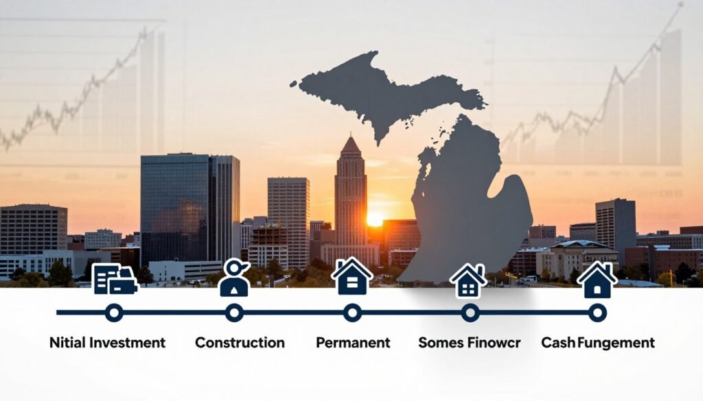 A detailed capital financing timeline illustrated in a sleek, modern style. In the foreground, a series of distinct milestones represent different stages of debt financing: initial investment, construction loans, permanent financing, and cash flow management. Each milestone is marked with icons symbolizing finance, construction, and property management. The middle ground features a stylized cityscape of Michigan, showcasing commercial buildings under development against a vibrant sunset. The background includes softly blurred outlines of financial charts and graphs, emphasizing the economic context. The overall mood is professional and optimistic, suggesting growth and opportunity. The illustration is well-lit with a warm glow, focal points enhanced by gentle shadows. The brand name "Thorne CRE" subtly integrated into the design, reinforcing the industry's focus on commercial real estate finance.