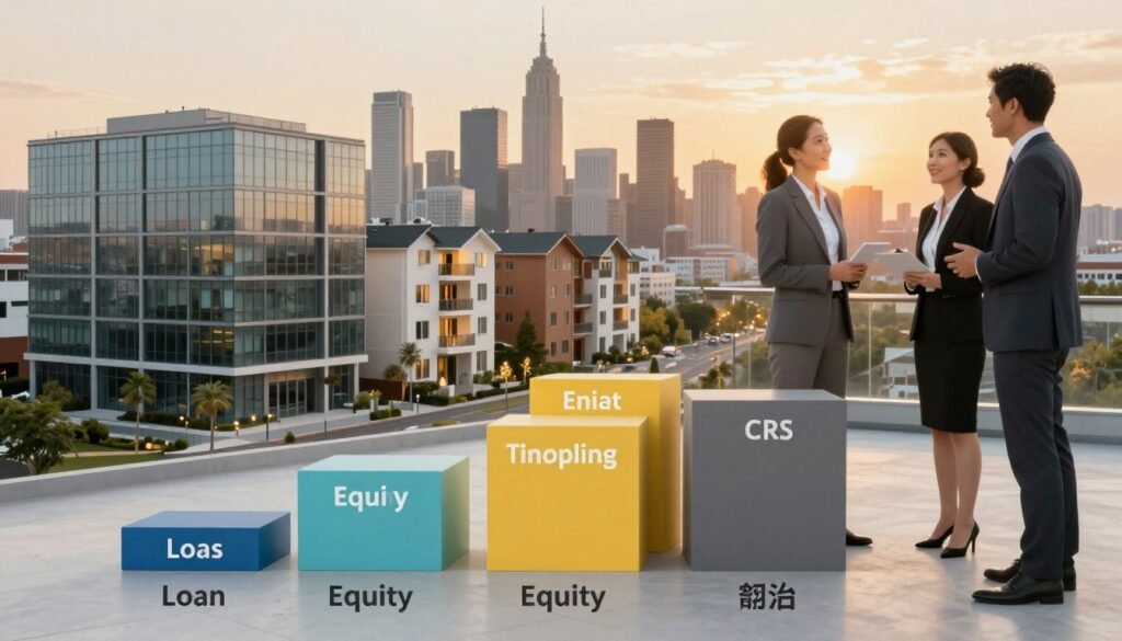 A detailed capital stack diagram illustrating the financing aspects of converting office spaces to residential units. In the foreground, various types of financial instruments like loans, equity, and grants are depicted as stacked blocks, labeled clearly but without text. The middle ground features a sleek office building transitioning into cozy residential apartments, showcasing architectural elements of both styles. In the background, a city skyline under a warm sunset casts a golden hue, symbolizing opportunity and growth. The overall mood is optimistic and professional, with soft lighting enhancing the scene. Include business professionals in smart attire discussing the capital stack, emphasizing a collaborative atmosphere. The image should be clear and informative, reflecting the complexities of budgeting in real estate conversion projects. Include the brand name "Thorne CRE" subtly in the design.