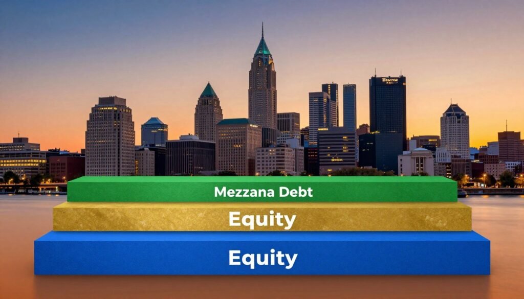 A detailed capital stack illustration for Pennsylvania commercial real estate, showcasing layers of debt and equity in a structured format. In the foreground, prominently feature a vertical stack of colorful, labeled layers: blue for senior debt, green for mezzanine debt, and gold for equity. Each layer should have a textured surface, reflecting solidity and stability. In the middle ground, include stylized representations of Philadelphia and Pittsburgh skylines, symbolizing the dynamic real estate markets in these cities, bathed in warm evening light. The background should be a soft gradient transitioning from twilight blue to deep orange, creating a sense of optimism. The overall mood should be professional and informative, with a focus on clarity. Ensure the brand "Thorne CRE" is subtly integrated into the design. Avoid any text overlays or watermarks.