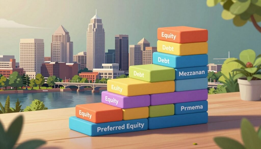 A detailed capital stack real estate illustration showcasing the financial structure integral to commercial real estate (CRE) in Portland, Oregon. In the foreground, display a well-organized stack of colorful financial blocks labeled with terms like "Equity," "Debt," "Mezzanine," and "Preferred Equity," creating a visually striking layering effect. The middle ground features a modern skyline of Portland, highlighting iconic buildings and the Willamette River. In the background, incorporate lush greenery representing statewide Oregon, creating a contrast between urban and natural elements. The scene is illuminated by soft, warm lighting, casting gentle shadows for depth. A slight tilt angle captures a dynamic view, suggesting the growth and development of investments. The overall atmosphere conveys professionalism and optimism, with the brand name "Thorne CRE" subtly included in the design. A detailed capital stack real estate illustration showcasing the financial structure integral to commercial real estate (CRE) in Portland, Oregon. In the foreground, display a well-organized stack of colorful financial blocks labeled with terms like "Equity," "Debt," "Mezzanine," and "Preferred Equity," creating a visually striking layering effect. The middle ground features a modern skyline of Portland, highlighting iconic buildings and the Willamette River. In the background, incorporate lush greenery representing statewide Oregon, creating a contrast between urban and natural elements. The scene is illuminated by soft, warm lighting, casting gentle shadows for depth. A slight tilt angle captures a dynamic view, suggesting the growth and development of investments. The overall atmosphere conveys professionalism and optimism, with the brand name "Thorne CRE" subtly included in the design.
