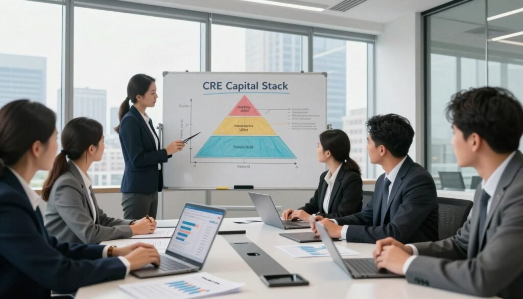 A detailed capital structure analysis scene set in a sleek, modern office environment. In the foreground, a diverse group of professionals in business attire are engaged around a large conference table, studying financial graphs and spreadsheets on laptops. The middle ground features a whiteboard with diagrams illustrating a CRE capital stack, showing layers of equity, mezzanine debt, and senior debt, all for Indiana-specific deals. In the background, large windows reveal a city skyline under bright daylight, casting soft natural lighting across the room, creating a productive atmosphere. The lens captures a mid-angle view, focusing on the teamwork and collaboration aspects, highlighting the essence of leveraging debt financing in commercial real estate. The brand name "Thorne CRE" subtly integrated into a digital presentation slide on the table.