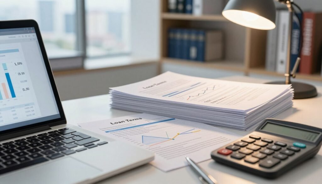 A detailed close-up of a desktop scene showcasing loan terms and pricing for commercial real estate financing. In the foreground, an open laptop displays graphs and charts regarding interest rates and fees, with a calculator and a pen next to it. The middle layer includes a neatly organized stack of documents labeled "Loan Terms" and "Pricing Comparison," lightly illuminated by a desk lamp casting a warm glow. The background features a blurred professional office setting, suggesting a serious business atmosphere, with shelves of financial books and a cityscape visible through a large window. The lighting is bright but soft, creating an inviting and focused mood, emphasizing professionalism and strategic decision-making in finance. A detailed close-up of a desktop scene showcasing loan terms and pricing for commercial real estate financing. In the foreground, an open laptop displays graphs and charts regarding interest rates and fees, with a calculator and a pen next to it. The middle layer includes a neatly organized stack of documents labeled "Loan Terms" and "Pricing Comparison," lightly illuminated by a desk lamp casting a warm glow. The background features a blurred professional office setting, suggesting a serious business atmosphere, with shelves of financial books and a cityscape visible through a large window. The lighting is bright but soft, creating an inviting and focused mood, emphasizing professionalism and strategic decision-making in finance.