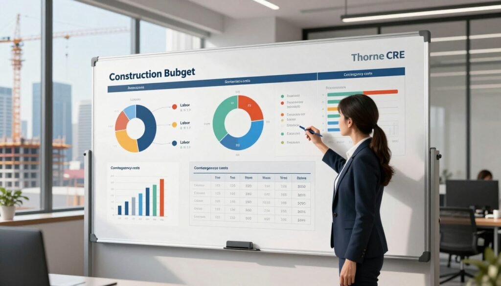 A detailed construction budget breakdown displayed on a large, stylish whiteboard in a modern office setting. In the foreground, a professional businesswoman, dressed in smart corporate attire, is pointing at the board, explaining various budget categories like materials, labor, and contingency costs. The middle ground features the whiteboard filled with colorful pie charts, bar graphs, and neatly organized data points, showcasing a comprehensive analysis of construction expenses. In the background, a sleek window reveals a city skyline, filled with cranes and ongoing construction, symbolizing active development. The scene is illuminated by soft, natural light pouring in, creating a bright and focused atmosphere. The branding "Thorne CRE" is subtly integrated into the design of the whiteboard, enhancing professionalism without distraction.