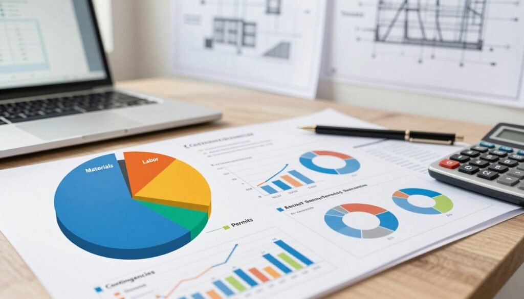 A detailed construction budget breakdown graphic. In the foreground, a color-coded pie chart representing different cost categories like materials, labor, permits, and contingencies, with distinct sections clearly marked. In the middle, a clean layout showing charts and graphs on a professional workspace with a clipboard and a calculator. The background features a blurred office environment with blueprints and construction plans pinned to the wall. Natural lighting brightens the scene, highlighting the charts, with a slight depth of field effect to focus on the budget breakdown. The atmosphere conveys professionalism and organization, emphasizing financial planning in construction. Include the brand name "Thorne CRE" subtly in a corner of the image, ensuring no text is visible elsewhere.