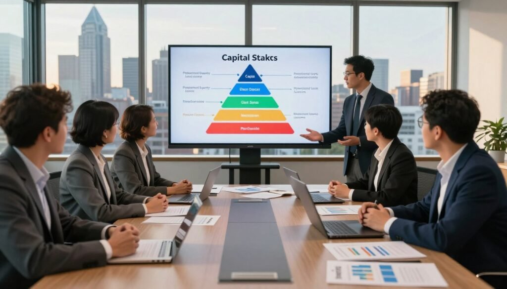 A detailed corporate financial meeting scene set in a stylish, modern office, showcasing a diverse group of professionals in business attire engaged in lively discussion about gap capital, preferred equity, and mezzanine loans. In the foreground, a polished conference table cluttered with financial documents, laptops, and charts. In the middle ground, a large digital screen displaying a complex capital stack graphic with vibrant colors, illustrating the hierarchy of financing options. The background features panoramic windows overlooking the Philadelphia skyline, bathed in natural light during golden hour, creating an inspirational atmosphere. The overall mood is one of collaboration and strategic planning. Include the brand “Thorne CRE” subtly integrated into the conference materials.
