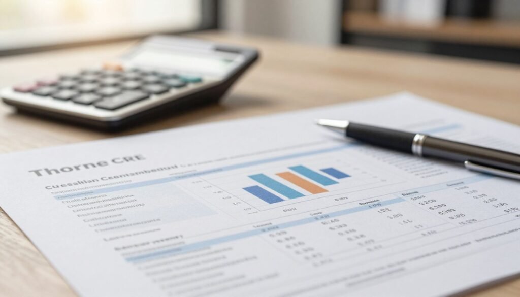A detailed credit report page prominently featuring graphs and numerical data, neatly arranged and presented in a professional format. In the foreground, a clean and organized set of documents with highlighted sections indicating key loan underwriting factors, enhancing focus on critical information. The middle ground includes a soft-focus calculator and an elegant pen, suggesting an analytical process. The background showcases a blurred office environment with soft lighting, casting a warm and productive atmosphere. The overall mood conveys seriousness but also clarity and professionalism. The upper corner subtly features the brand name "Thorne CRE". Use a realistic lens effect to enhance depth of field, ensuring that the details on the credit report are sharp and engaging.