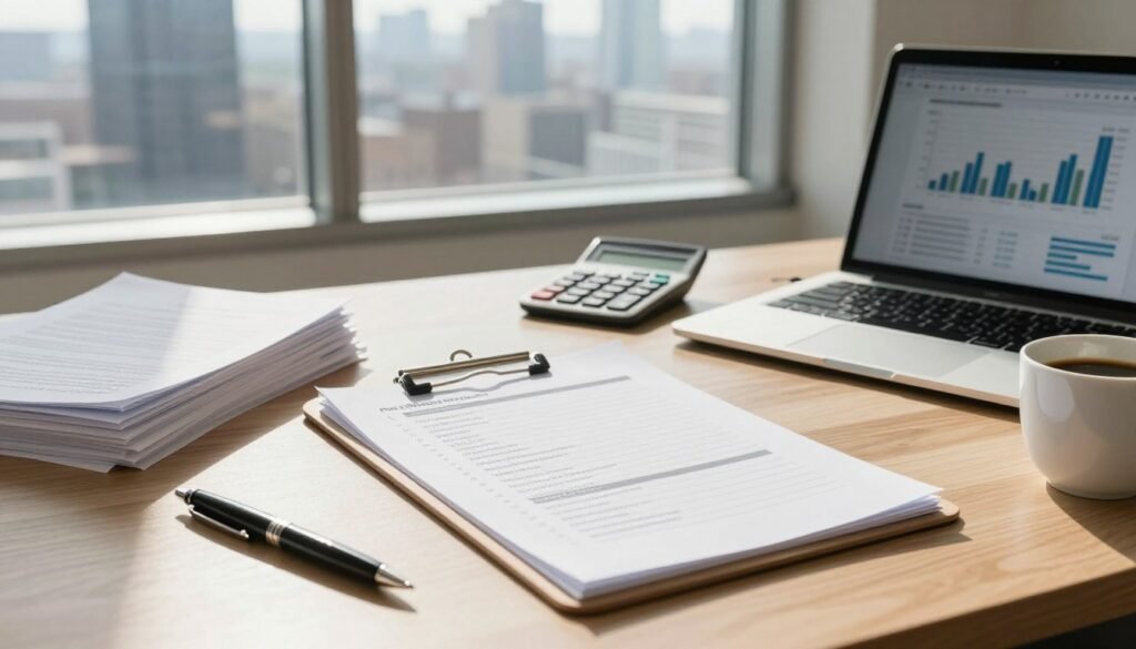 A detailed documentation checklist spread across a modern office desk, featuring neatly organized items such as a clipboard, stacks of paperwork, a calculator, and a laptop displaying graphs. In the foreground, a stylish pen and a cup of coffee add a personal touch. The middle ground showcases a large window with natural light streaming in, illuminating the workspace and casting soft shadows. In the background, out-of-focus skyscrapers of a Connecticut city skyline can be seen, hinting at the commercial real estate theme. The atmosphere is focused and professional, conveying the seriousness of preparing for financing, with a warm yet efficient feel, reminiscent of a productive work environment.