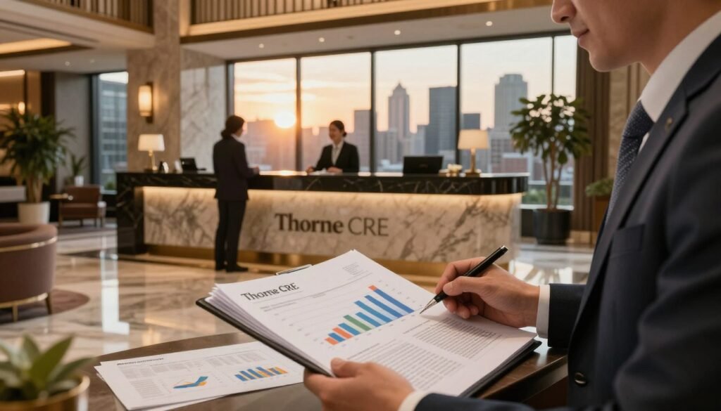 A detailed hotel property valuation scene, featuring an elegant hotel lobby seen from a low angle, showcasing luxurious décor and inviting atmosphere. In the foreground, a professional financial analyst in business attire is reviewing an open portfolio filled with graphs and charts, symbolizing property valuation. The middle ground includes a sleek reception desk with a friendly staff member assisting guests, emphasizing customer service and professionalism. In the background, expansive windows reveal a beautiful city skyline at sunset, casting warm golden light throughout the lobby. The mood is optimistic and business-focused, conveying the importance of valuation in the hotel industry. The image should subtly include the brand name "Thorne CRE" in an elegant design element, seamlessly blending into the overall composition.