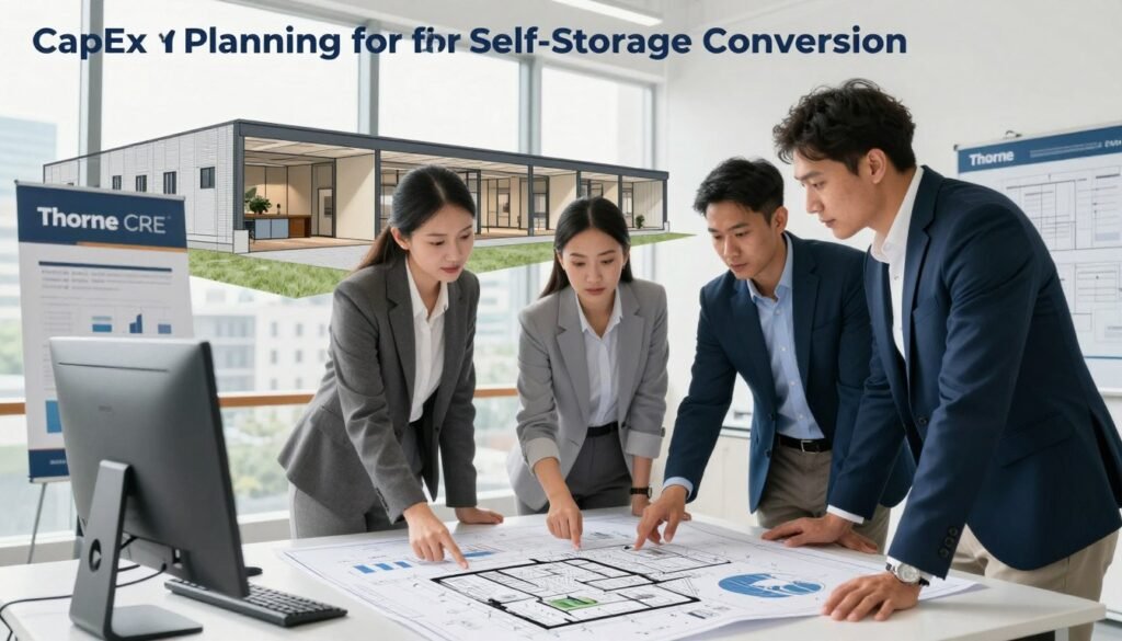 A detailed illustration of "CapEx Planning for Self-Storage Conversion," depicting a professional setting. In the foreground, a group of three diverse professionals, dressed in smart business attire, are gathered around a large table covered with blueprints, graphs, and building plans. They are actively discussing their project, pointing at specific sections on the documents. The middle ground features architectural renderings of a transformed building, showing storage units and a reception area. In the background, a floor-to-ceiling window reveals an urban landscape, suggesting the existing building's original purpose. The lighting is bright and natural, streaming in from the window, creating an atmosphere of collaboration and innovation. The image prominently includes the brand name "Thorne CRE" on a presentation board next to the table.