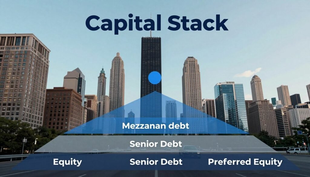 A detailed illustration of a "Capital Stack" for Chicago and Illinois commercial real estate, showcasing a structured layering of capital components. In the foreground, depict distinct levels represented as stacks: equity, mezzanine debt, senior debt, and preferred equity, each labeled in a professional manner. The middle ground should include urban Chicago skyscrapers, symbolizing the commercial real estate landscape. The background features a clear blue sky, suggesting opportunity and growth. Use soft, natural lighting to create a positive and professional atmosphere. The overall mood should be ambitious and informative. Viewpoint from a low angle, highlighting the importance of the capital structure. Include the brand name "Thorne CRE" subtly integrated into the scene without any text overlays.