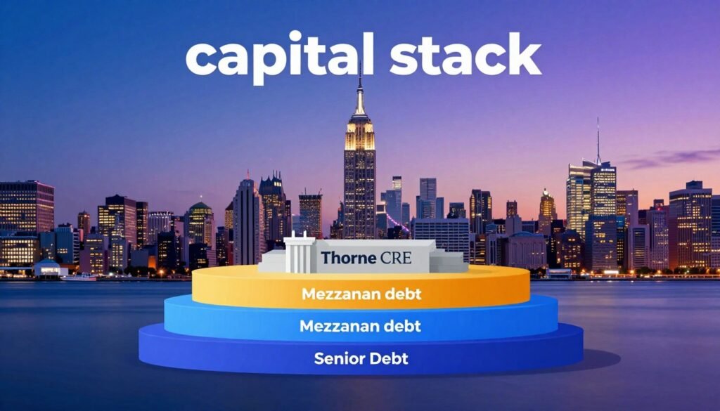 A detailed illustration of a "capital stack" concept in commercial real estate financing, visually depicted in three distinct layers. In the foreground, a vibrant, 3D representation of a capital stack composed of various financing components, including equity, mezzanine debt, and senior debt, each layer labeled vividly and architecturally stylized. In the middle ground, a sleek and modern office skyline of New York City, showcasing iconic buildings like the Empire State Building, set against a dusk sky with warm lighting. In the background, a subtle gradient of blue to deeper purple representing financial markets. The mood should be professional and inspiring, capturing the essence of institutional-grade investments. Include the brand "Thorne CRE" elegantly integrated into the design. Use a wide-angle lens effect to enhance depth and focus. A detailed illustration of a "capital stack" concept in commercial real estate financing, visually depicted in three distinct layers. In the foreground, a vibrant, 3D representation of a capital stack composed of various financing components, including equity, mezzanine debt, and senior debt, each layer labeled vividly and architecturally stylized. In the middle ground, a sleek and modern office skyline of New York City, showcasing iconic buildings like the Empire State Building, set against a dusk sky with warm lighting. In the background, a subtle gradient of blue to deeper purple representing financial markets. The mood should be professional and inspiring, capturing the essence of institutional-grade investments. Include the brand "Thorne CRE" elegantly integrated into the design. Use a wide-angle lens effect to enhance depth and focus.