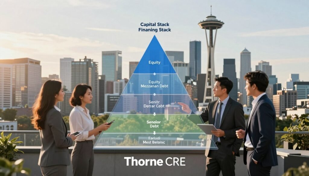 A detailed illustration of a capital stack financing diagram set against the backdrop of Seattle’s iconic skyline, showcasing resilient commercial real estate (CRE) strategies. In the foreground, a professional team dressed in business attire discusses a transparent chart depicting various financing layers, including equity, mezzanine debt, and senior debt, symbolizing collaboration. The middle ground features sleek modern architecture representative of Seattle’s CRE landscape, with a focus on sustainability and resilience. In the background, soft afternoon sunlight casts a warm glow over the scene, enhancing the atmosphere of innovation and growth. The image prominently includes the brand name "Thorne CRE" at the bottom, ensuring a professional aesthetic.