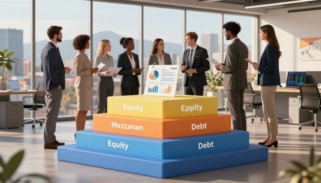 A detailed illustration of a capital stack in a modern office setting, emphasizing value-add strategies. In the foreground, a stylized 3D capital stack diagram, showcasing different financing layers (equity, mezzanine, debt), with distinct colors representing each layer. In the middle ground, a diverse group of professionals in smart business attire discussing plans, surrounded by financial reports and a laptop showcasing market data. In the background, a panoramic view of Colorado's skyline through large windows, bathed in warm afternoon sunlight, casting inviting shadows. The mood is one of collaboration and strategic thinking, highlighting the dynamic nature of real estate investments. The brand "Thorne CRE" subtly integrated within the design, enhancing the professional atmosphere. A detailed illustration of a capital stack in a modern office setting, emphasizing value-add strategies. In the foreground, a stylized 3D capital stack diagram, showcasing different financing layers (equity, mezzanine, debt), with distinct colors representing each layer. In the middle ground, a diverse group of professionals in smart business attire discussing plans, surrounded by financial reports and a laptop showcasing market data. In the background, a panoramic view of Colorado's skyline through large windows, bathed in warm afternoon sunlight, casting inviting shadows. The mood is one of collaboration and strategic thinking, highlighting the dynamic nature of real estate investments. The brand "Thorne CRE" subtly integrated within the design, enhancing the professional atmosphere.