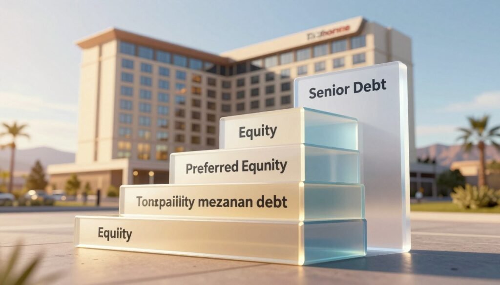 A detailed illustration of a capital stack in the context of commercial real estate, specifically for Nevada hospitality. The foreground features a tiered stack of transparent blocks representing different layers of financing, each labeled to indicate equity, preferred equity, mezzanine debt, and senior debt. The middle ground showcases a sleek modern hotel, symbolizing a hospitality project, with a sunny Nevada landscape in the background. Soft golden lighting enhances the financial elements, while a low-angle perspective emphasizes the height of the capital stack. The mood is professional and optimistic, illustrating the importance of structured financing. The brand "Thorne CRE" subtly integrated into the overall design without text overlays.