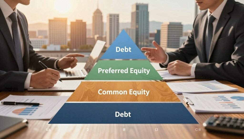 A detailed illustration of a capital stack repayment priority diagram, visually representing various layers of financing in a commercial real estate context. In the foreground, feature distinct layers of capital, labeled as "Debt," "Preferred Equity," and "Common Equity," each represented by different colors and textures to emphasize their hierarchy and repayment priority. The middle ground should include professional business individuals in suits, discussing the capital stack, surrounded by financial documents and graphs. In the background, a stylized skyline of Utah with modern commercial buildings, bathed in warm golden hour lighting to create an optimistic atmosphere. The image conveys professionalism and strategic planning, capturing the essence of fast-paced commercial real estate dynamics. Thorne CRE branding subtly integrated into the design elements.