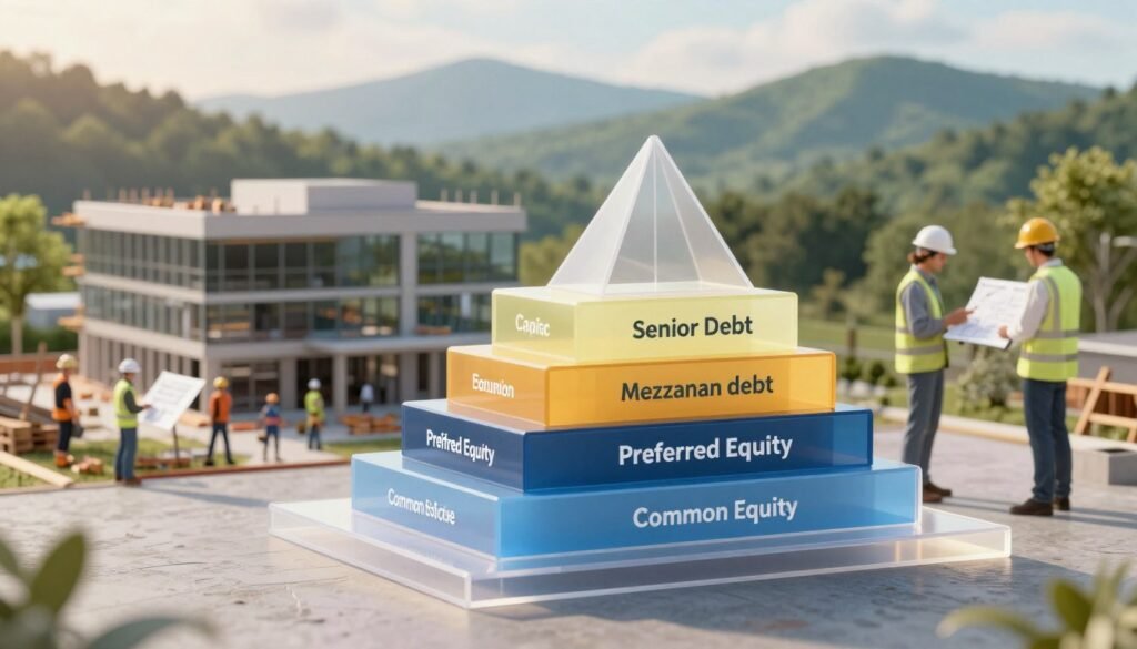 A detailed illustration of a commercial real estate capital stack, depicting various layers of financing. In the foreground, a transparent 3D model of the capital stack showcases elements like senior debt, mezzanine debt, preferred equity, and common equity, each layer distinctively colored and labeled. In the middle ground, a contemporary office building under construction represents the investment opportunity, with construction workers in professional attire inspecting plans. The background features the green mountains and serene landscapes of Vermont, bathed in soft, warm sunlight, enhancing the overall atmosphere of growth and opportunity. The focus is sharp on the capital stack model, with a slight depth of field effect to highlight its importance, while maintaining a professional tone. The image subtly incorporates the brand name "Thorne CRE" in an elegant manner.