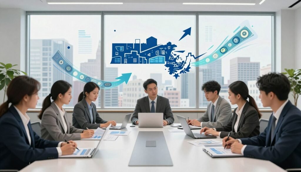 A detailed illustration of a commercial real estate cash flow concept set in a bright, modern office environment. In the foreground, professionals in business attire analyze graphs and financial reports on a sleek conference table. The middle layer features a large window revealing an urban skyline with commercial buildings, symbolizing Massachusetts' real estate market. In the background, abstract representations of money flow – like arrows or streaming data – weave through the scene, emphasizing financial dynamics. The lighting is bright and inviting, giving a sense of optimism and opportunity. The atmosphere is focused and professional, reflecting strategic financial discussions in today's market, with a blend of technology and traditional finance tools depicted in a harmonious composition. A detailed illustration of a commercial real estate cash flow concept set in a bright, modern office environment. In the foreground, professionals in business attire analyze graphs and financial reports on a sleek conference table. The middle layer features a large window revealing an urban skyline with commercial buildings, symbolizing Massachusetts' real estate market. In the background, abstract representations of money flow – like arrows or streaming data – weave through the scene, emphasizing financial dynamics. The lighting is bright and inviting, giving a sense of optimism and opportunity. The atmosphere is focused and professional, reflecting strategic financial discussions in today's market, with a blend of technology and traditional finance tools depicted in a harmonious composition.