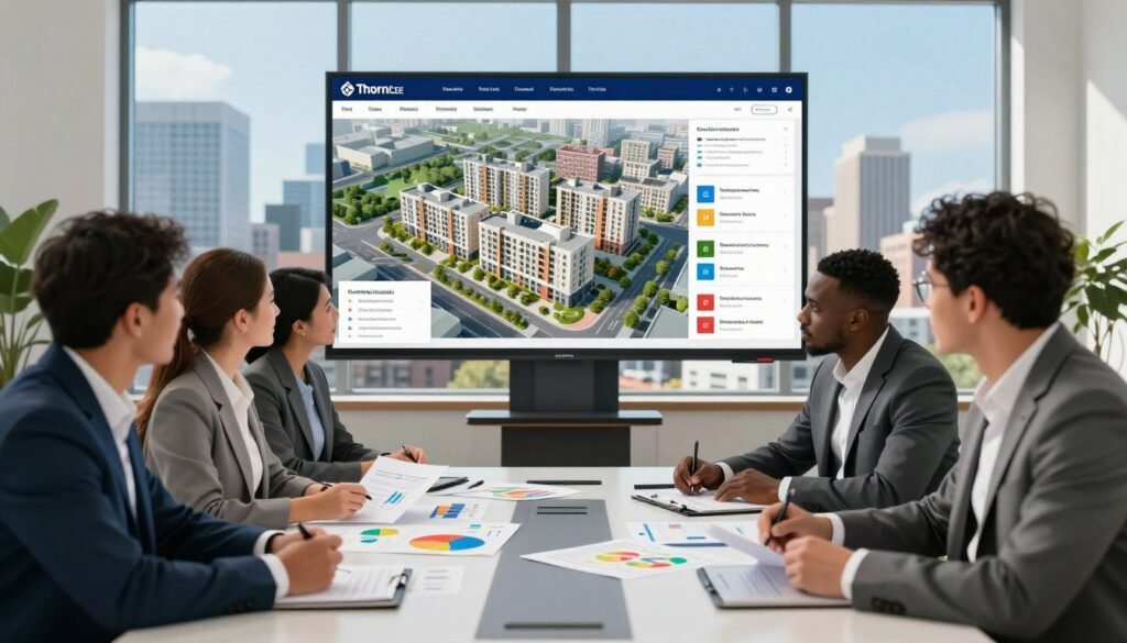A detailed illustration of a multifamily housing risk assessment scenario. In the foreground, a diverse group of professionals in business attire, including a Caucasian woman and an African American man, are gathered around a modern conference table, reviewing colorful charts and graphs featuring key metrics of multifamily housing investments. In the middle ground, a large digital screen displays a 3D rendering of an urban multifamily housing complex with green spaces, interspersed with risk factor indicators. The background features large windows showcasing a dynamic city skyline under clear blue skies. Use bright, natural lighting to create an optimistic atmosphere, captured with a slightly elevated angle to give depth to the scene. The image should convey professionalism and analytical rigor, emphasizing the brand name "Thorne CRE" subtly on the charts. A detailed illustration of a multifamily housing risk assessment scenario. In the foreground, a diverse group of professionals in business attire, including a Caucasian woman and an African American man, are gathered around a modern conference table, reviewing colorful charts and graphs featuring key metrics of multifamily housing investments. In the middle ground, a large digital screen displays a 3D rendering of an urban multifamily housing complex with green spaces, interspersed with risk factor indicators. The background features large windows showcasing a dynamic city skyline under clear blue skies. Use bright, natural lighting to create an optimistic atmosphere, captured with a slightly elevated angle to give depth to the scene. The image should convey professionalism and analytical rigor, emphasizing the brand name "Thorne CRE" subtly on the charts.