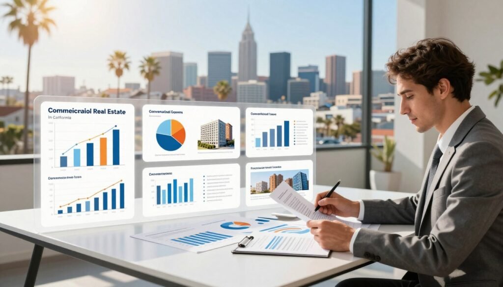 A detailed illustration of diverse financing options for commercial real estate in California. In the foreground, a confident business professional in tailored attire is examining documents and charts at a sleek modern table, indicating strategic decision-making. In the middle ground, neatly arranged visual representations of various financing options, such as graphs, pie charts, and images of buildings, showcasing conventional loans, private equity, and crowdfunding. The background features a panoramic view of a vibrant California skyline, under a bright, sunny sky to create an optimistic atmosphere. Soft natural lighting enhances the professionalism of the scene. A subtle logo of "Thorne CRE" is integrated into the table design, reinforcing the brand without overpowering the image. A detailed illustration of diverse financing options for commercial real estate in California. In the foreground, a confident business professional in tailored attire is examining documents and charts at a sleek modern table, indicating strategic decision-making. In the middle ground, neatly arranged visual representations of various financing options, such as graphs, pie charts, and images of buildings, showcasing conventional loans, private equity, and crowdfunding. The background features a panoramic view of a vibrant California skyline, under a bright, sunny sky to create an optimistic atmosphere. Soft natural lighting enhances the professionalism of the scene. A subtle logo of "Thorne CRE" is integrated into the table design, reinforcing the brand without overpowering the image.