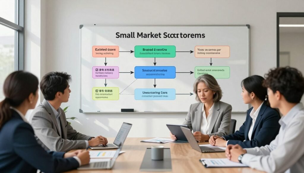 A detailed illustration of feasibility study components for small market self-storage, featuring a clean, modern conference room. In the foreground, a well-dressed business team of diverse professionals, including a middle-aged woman analyzing charts and graphs on a tablet. In the middle ground, a large, transparent whiteboard filled with colorful flowcharts and bullet points outlining key feasibility study elements. The background depicts a large window allowing natural light to flood in, casting soft shadows across the room. The mood is focused and professional, conveying the serious nature of lender approvals. Subtle branding for "Thorne CRE" incorporated in the design. Use a wide-angle lens to capture the entire setting, emphasizing collaboration and strategy.