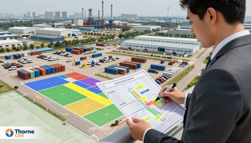 A detailed illustration of industrial outdoor storage zoning regulations, showcasing a comprehensive map layout of an industrial area divided into various zones. In the foreground, depict a professional individual in business attire looking at the zoning map, with highlighters and notes in hand. In the middle ground, include an array of outdoor storage facilities such as stacked containers and vehicles, showing clear zoning differentiations. In the background, portray a skyline of an industrial district with warehouses and machinery. Use bright, natural daylight to create a welcoming atmosphere, while ensuring clarity in the zoning lines and labels. The composition should convey an informative and structured vibe, emphasizing the importance of compliance in land use. The logo "Thorne CRE" subtly integrated into the corner of the image.