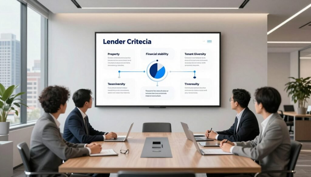 A detailed illustration of lender criteria for mixed-use assets, showcasing a modern office environment with a sleek conference table in the foreground, occupied by professionals in business attire engaged in a discussion. The middle layer features a large wall-mounted screen displaying key lender criteria elements, such as property evaluation, financial stability, and tenant diversity, in an infographic style. In the background, large windows let in natural light, revealing a vibrant cityscape that represents urban mixed-use developments. The atmosphere is professional yet collaborative, highlighting the importance of teamwork in underwriting processes. Utilize soft, even lighting for clarity, with a wide-angle lens to capture the entire scene effectively. Ensure the branding "Thorne CRE" is subtly integrated into the design, reinforcing a sense of professionalism and authority. A detailed illustration of lender criteria for mixed-use assets, showcasing a modern office environment with a sleek conference table in the foreground, occupied by professionals in business attire engaged in a discussion. The middle layer features a large wall-mounted screen displaying key lender criteria elements, such as property evaluation, financial stability, and tenant diversity, in an infographic style. In the background, large windows let in natural light, revealing a vibrant cityscape that represents urban mixed-use developments. The atmosphere is professional yet collaborative, highlighting the importance of teamwork in underwriting processes. Utilize soft, even lighting for clarity, with a wide-angle lens to capture the entire scene effectively. Ensure the branding "Thorne CRE" is subtly integrated into the design, reinforcing a sense of professionalism and authority.